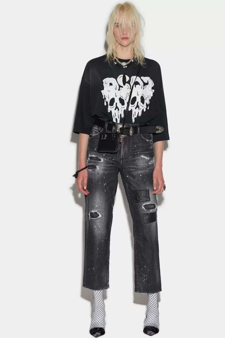 Dsquared2 Black Ripped Leather Patch Wash Boston Jeans>Donna Jeans