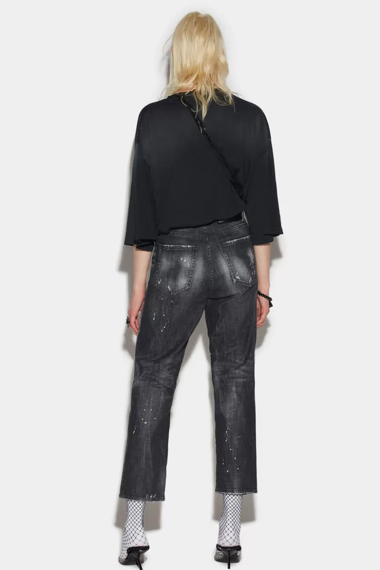 Dsquared2 Black Ripped Leather Patch Wash Boston Jeans>Donna Jeans