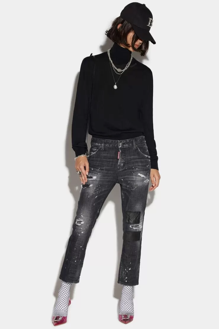 Dsquared2 Black Ripped Leather Patch Wash Cool Girl Cropped Jeans>Donna Jeans