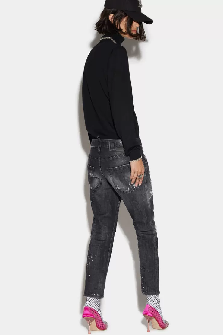 Dsquared2 Black Ripped Leather Patch Wash Cool Girl Cropped Jeans>Donna Jeans