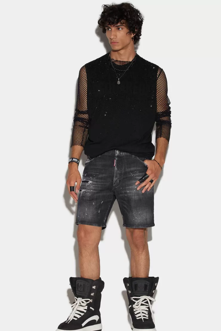 Dsquared2 Black Ripped Leather Wash Marine Denim Shorts>Uomo Pantaloni Corti