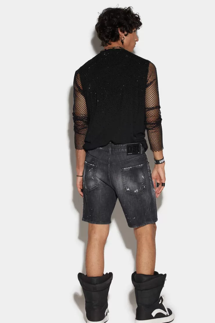 Dsquared2 Black Ripped Leather Wash Marine Denim Shorts>Uomo Pantaloni Corti