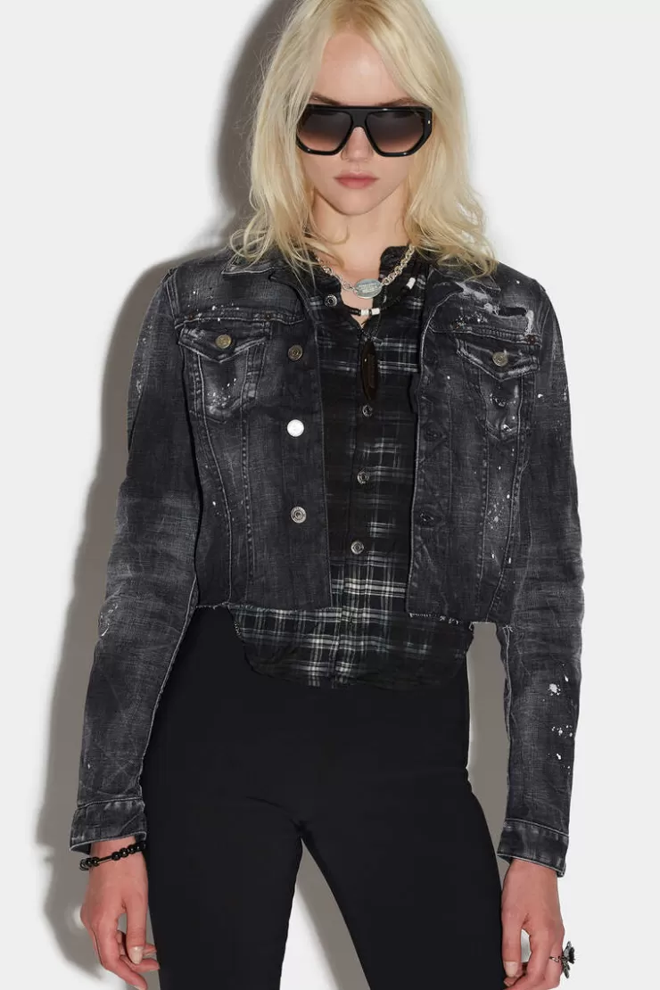 Dsquared2 Black Ripped Wash Mix Check Jean Jacket>Donna Cappotti & Giubbotti