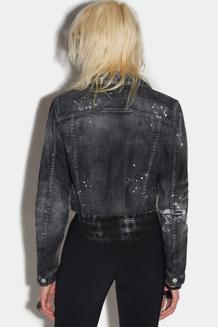 Dsquared2 Black Ripped Wash Mix Check Jean Jacket>Donna Cappotti & Giubbotti