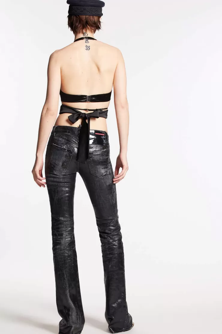 Dsquared2 Black Shiny Coated Wash Medium Waist Flare Jeans>Donna Jeans