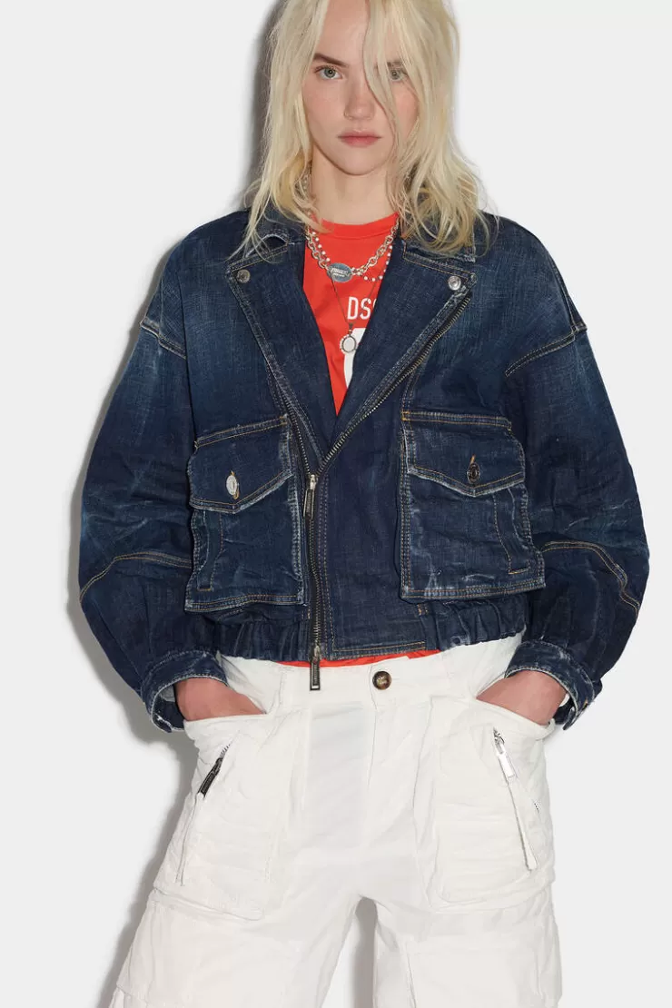 Dsquared2 Dark Clean Wash Crop Biker Jacket>Donna Cappotti & Giubbotti