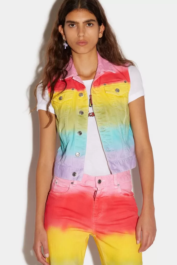 Dsquared2 Rainbow Wash Denim Vest>Donna Cappotti & Giubbotti