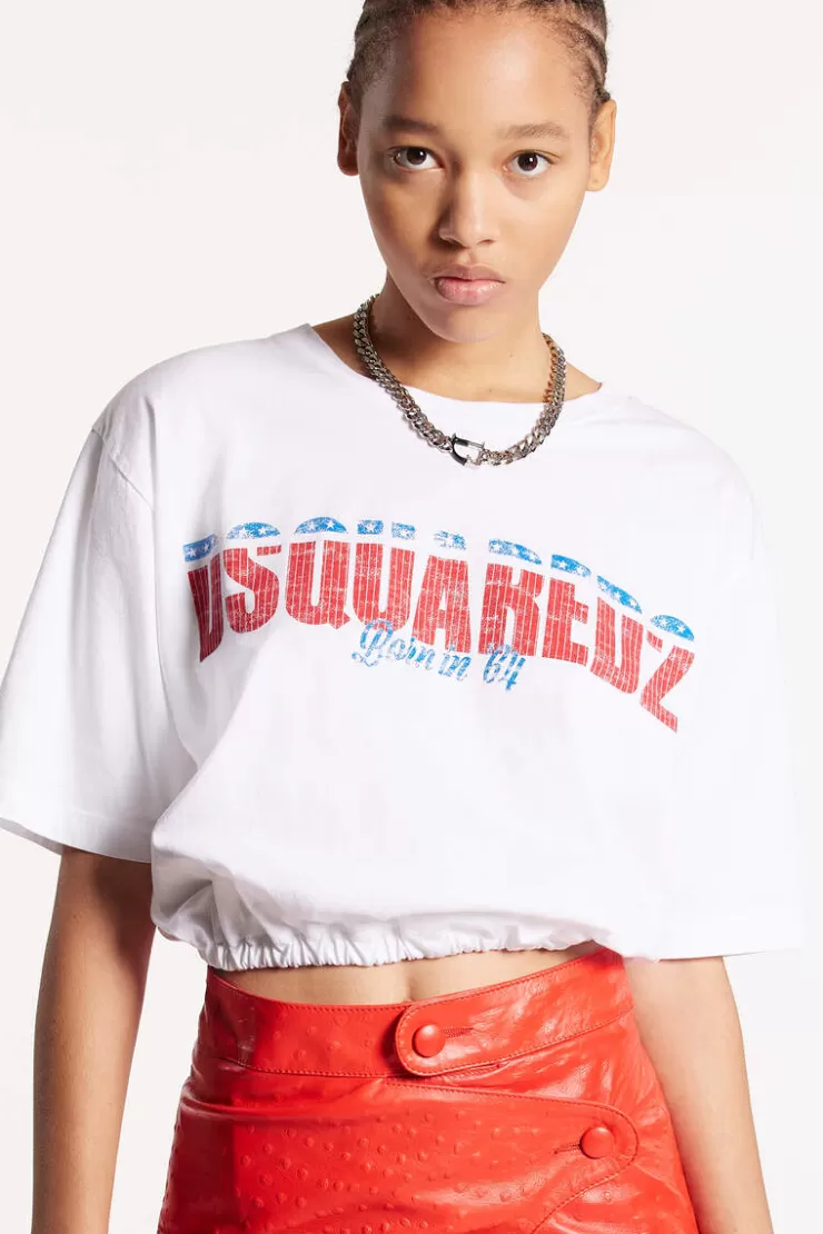 Dsquared2 White Fade Dyed Gathered Relaxed T-Shirt>Donna Top & T-Shirt